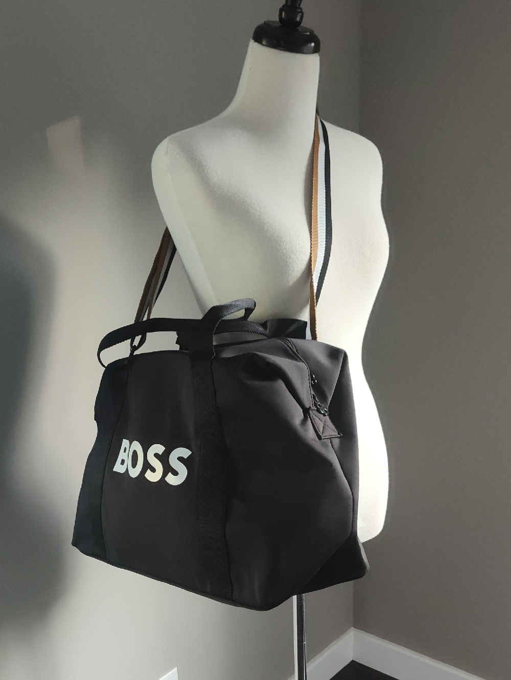 Hugo Boss Black Duffel with Tan, White, Black-Trim Shoulder Strap